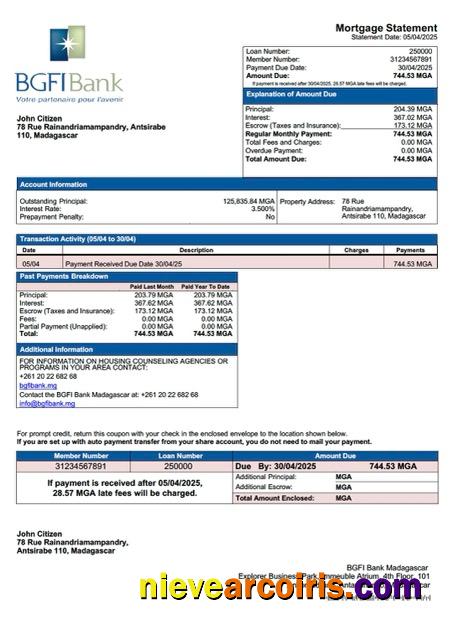 Madagascar BGFI Bank Madagascar mortgage statement Word and PDF template
